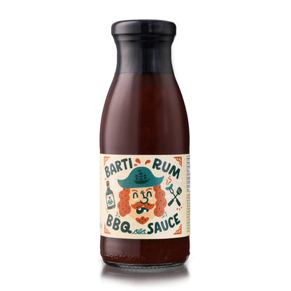 Best Spiced Rum BBQ Sauce, made with Barti Spiced Rum. Front view of BBQ Sauce bottle